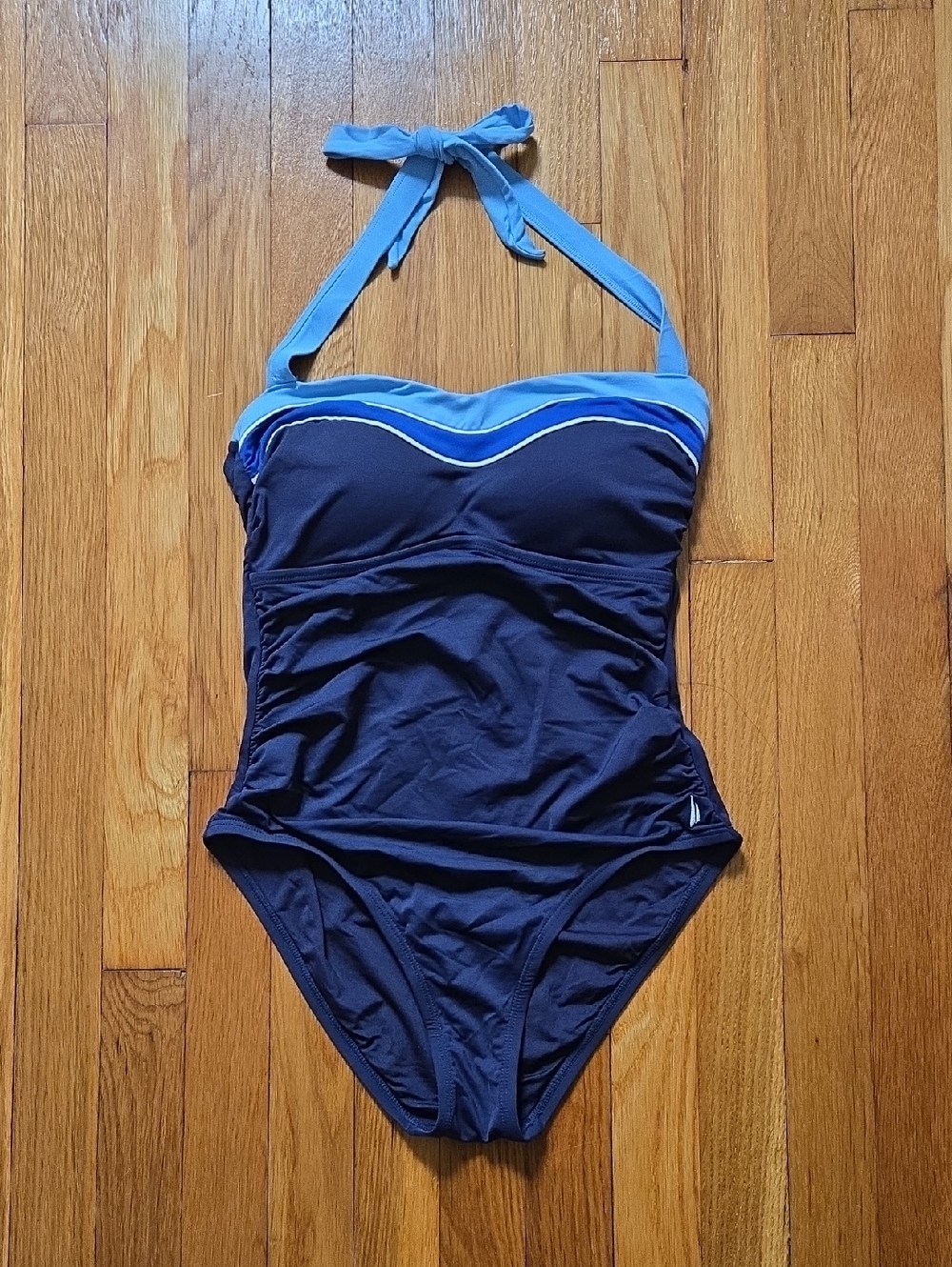 Nautica Navy Halter One-Piece Swimsuit with Light Blue Trim